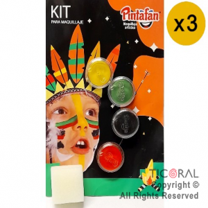 MAQUILLAJE ARTISTICO INDIO AMARILLO VERDE ROJO Y NEGRO (BLISTER 4 UNID - 8 GR) + ESPONJA (PACK X 3 B